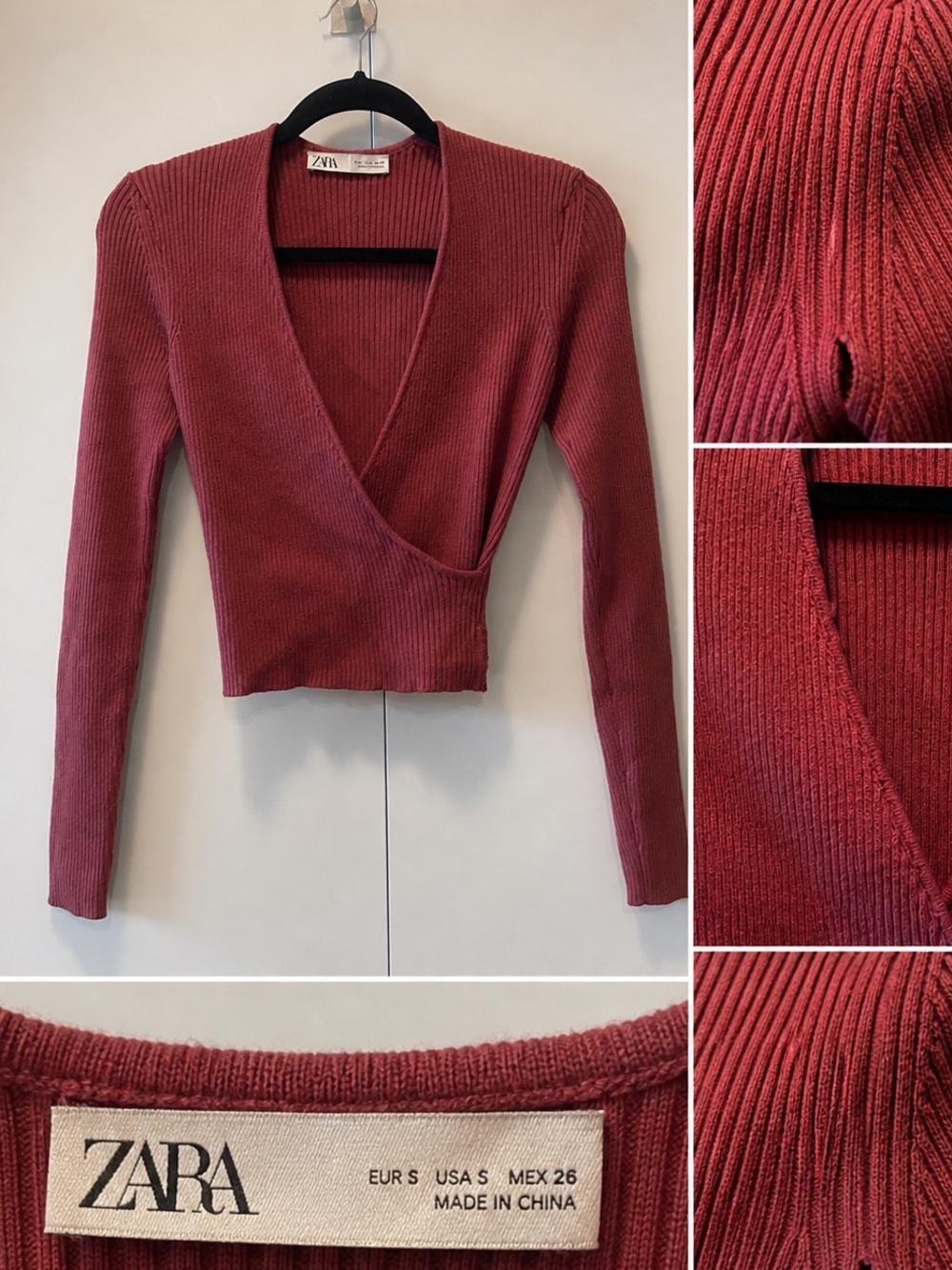 * SALE* ZARA Low V Neck Wrap Going Out Top SMALL Ribbed Cropped Maroon